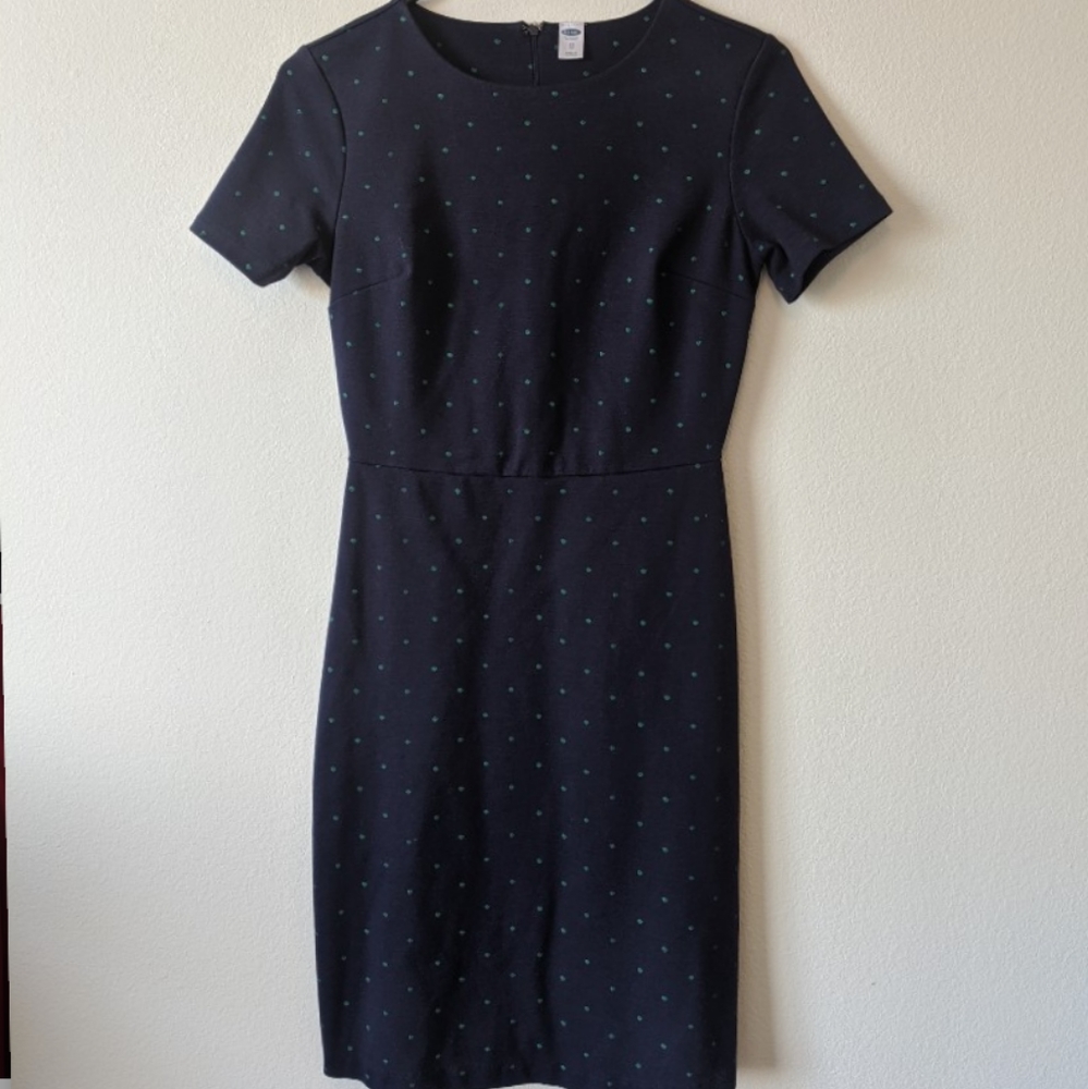 Navy dress with green polka dots